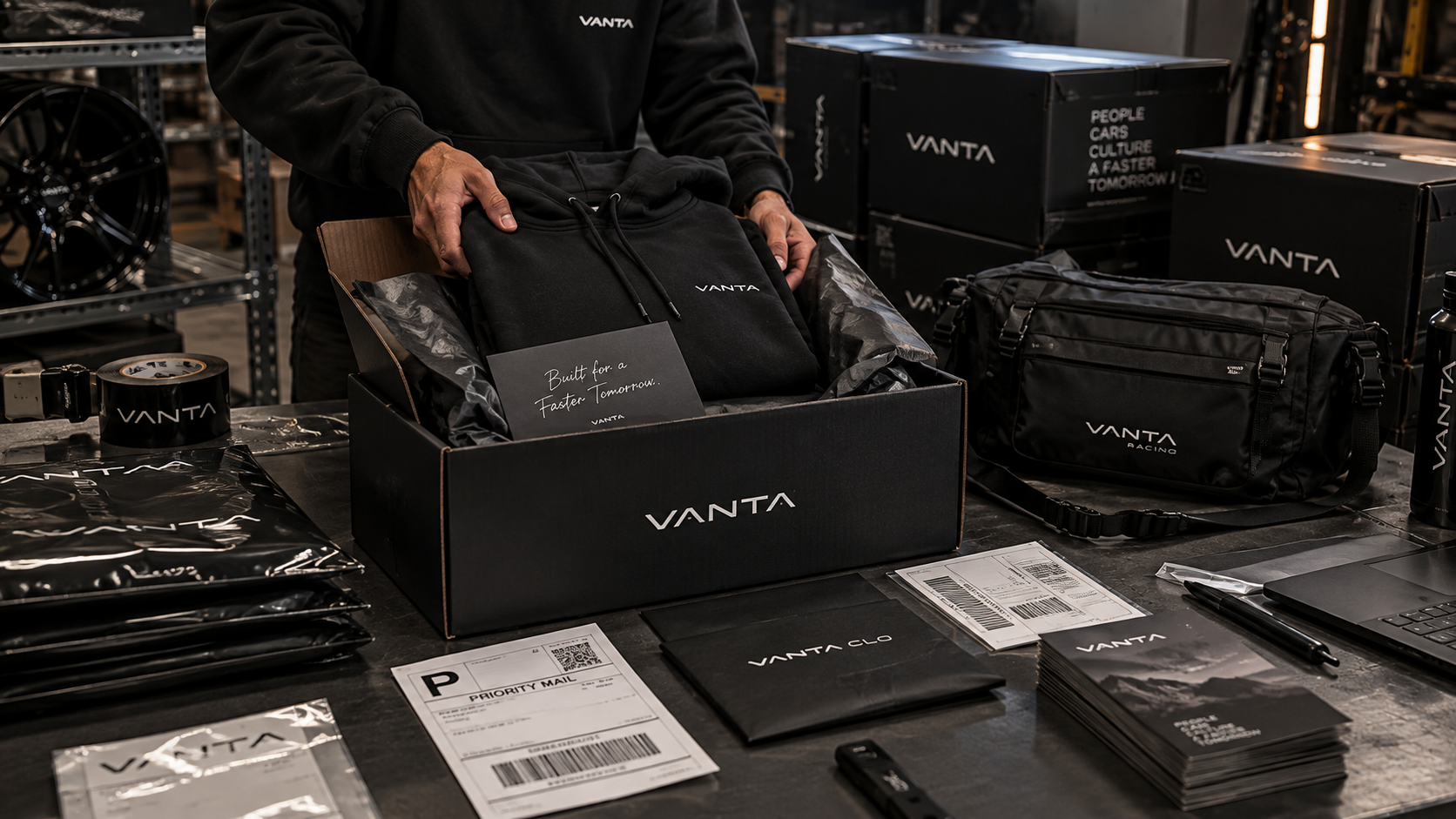 VANTA hoodie packed in a black shipping box