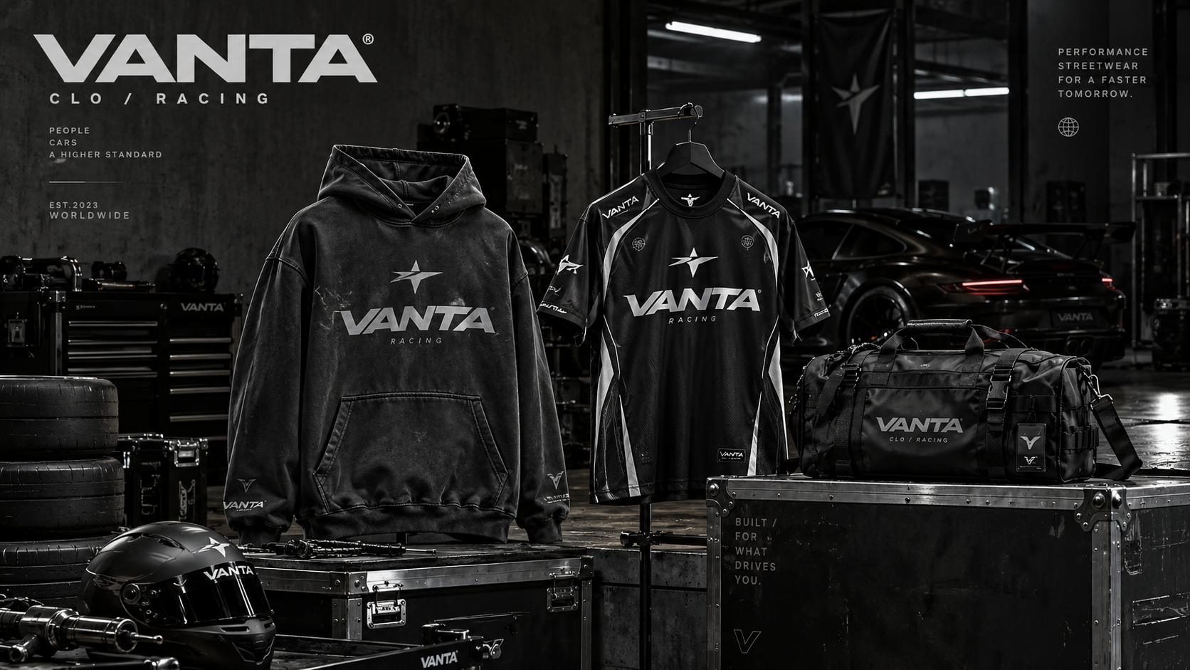 VANTA hoodie, jersey and bag in a garage